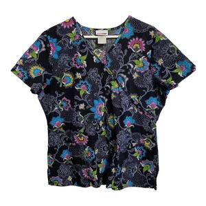Scrubstar Top Sz Large Black Paisley Flower Print Front Pockets Nursing Medical